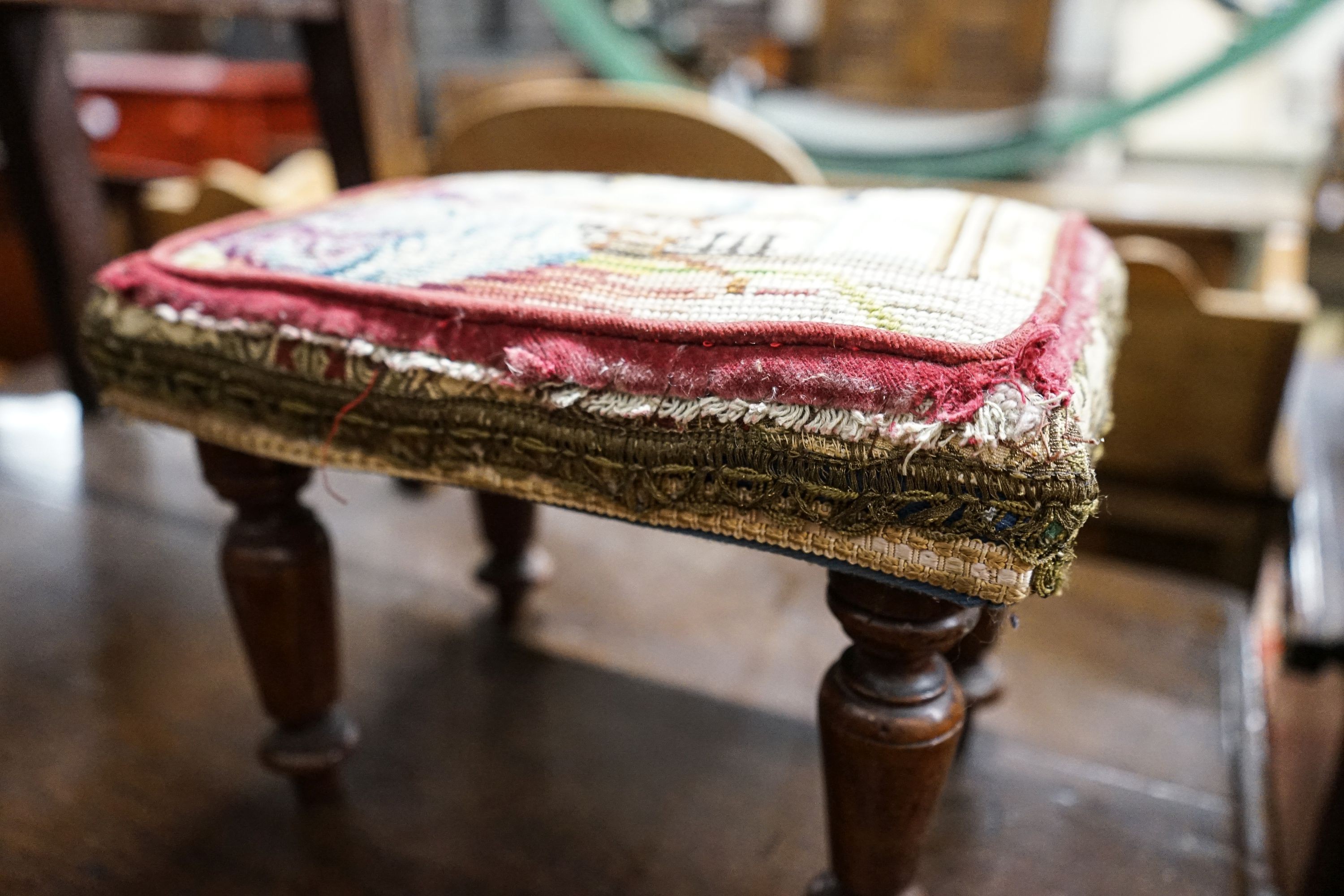 An early 19th century oak and elm child's chair, width 33cm, depth 32cm, height 83cm and a small Victorian mahogany stool with woolwork seat, width 27cm